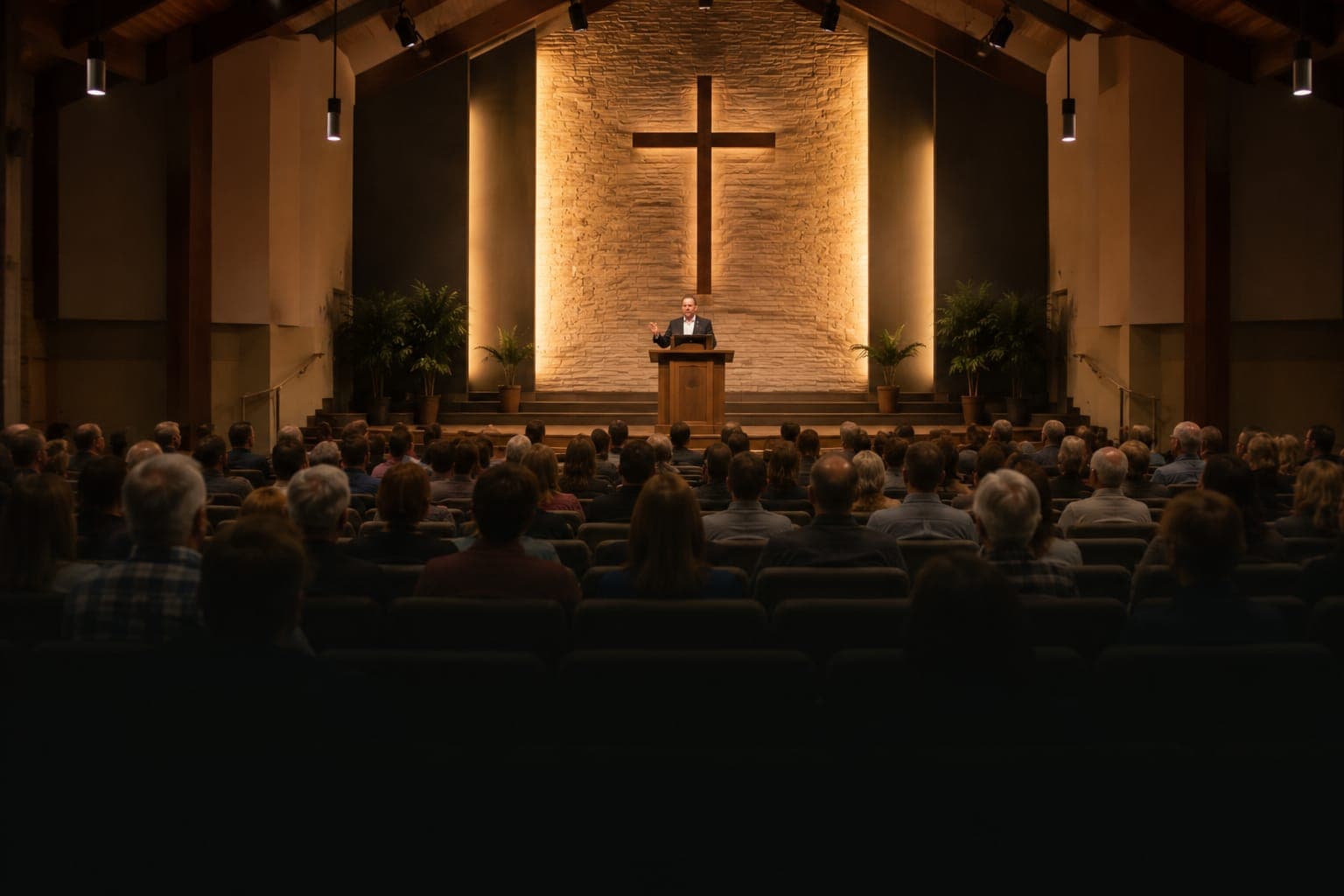 A pastor teaching, livestreamed with the verse overlaid as a lower-third