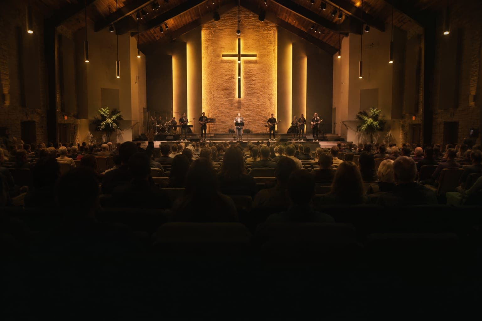 A worship band leading a congregation, livestreamed with the song lyrics overlaid as a lower-third